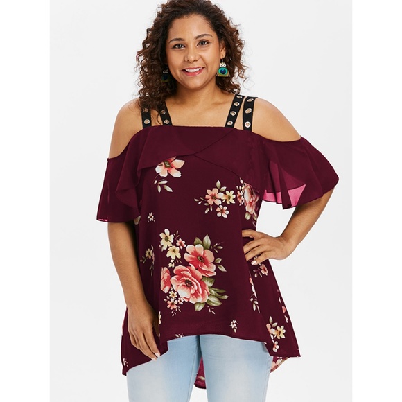 Plus Size Ruffle Floral High Low Blouse - Red Wine - Picture 2 of 8
